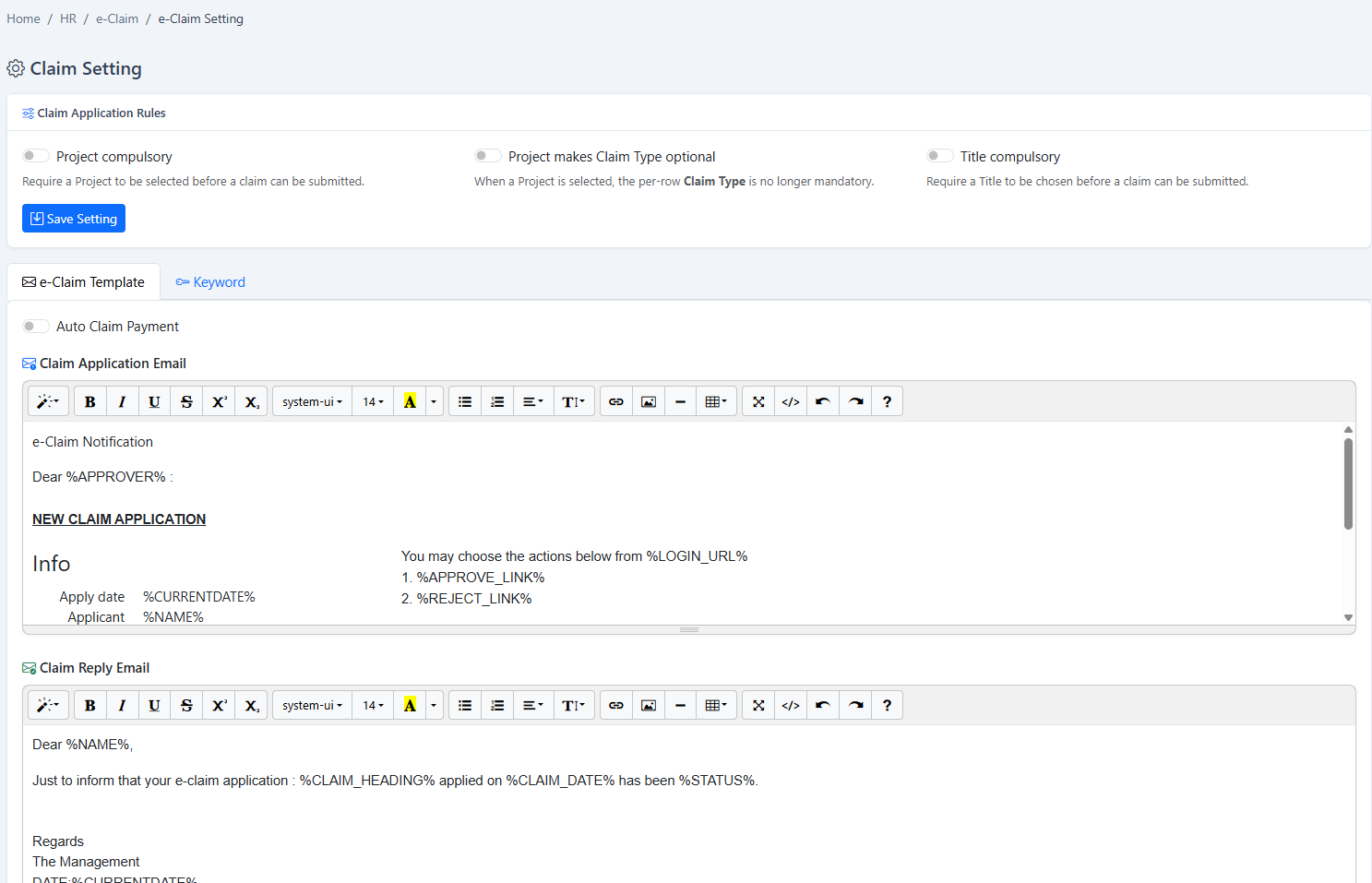 Claim Approvals, Templates & Dashboard: Claim settings